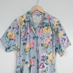 Floral Midi Shirt Dress Size 14 Blue Pink Vintage 90s Classic Cottage Retro